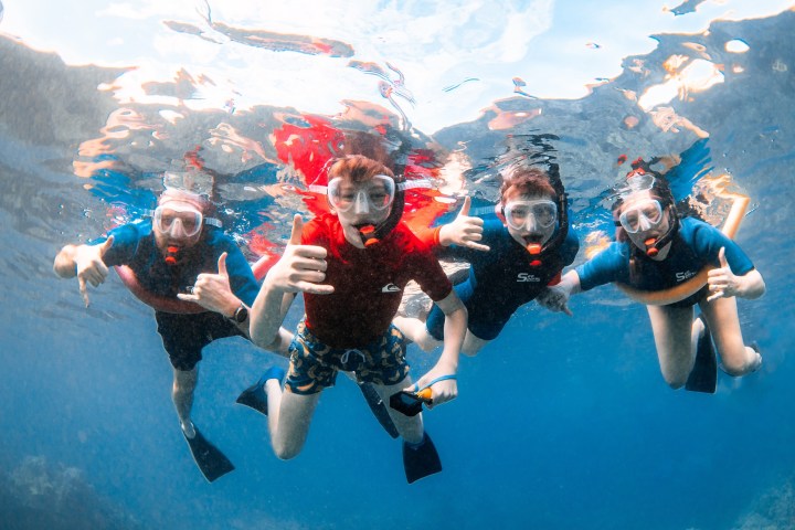 Four people snorkeling underwater, wearing masks and snorkels, making thumbs-up gestures.