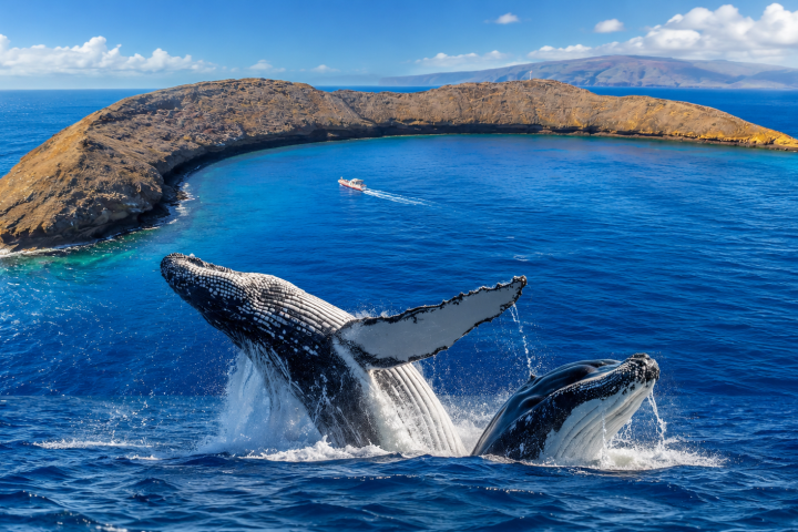 Two whales breaching near a circular island in a blue ocean under a clear sky.