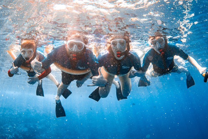 Four snorkelers underwater in clear blue ocean, wearing masks and fins.