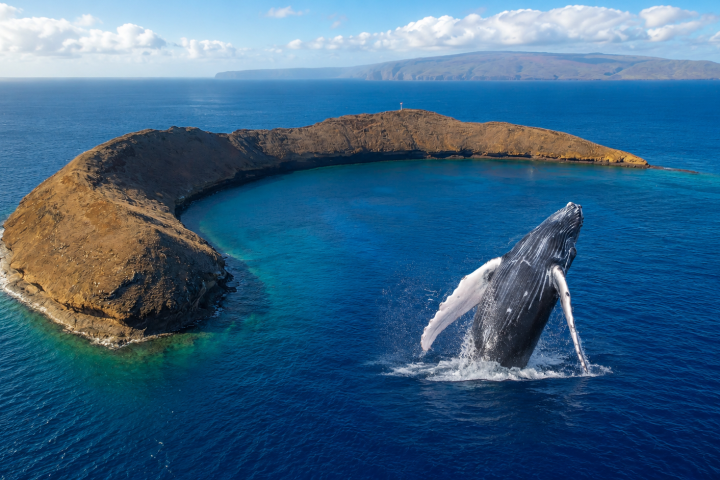 Humpback whale breaching near a crescent-shaped island in blue ocean.