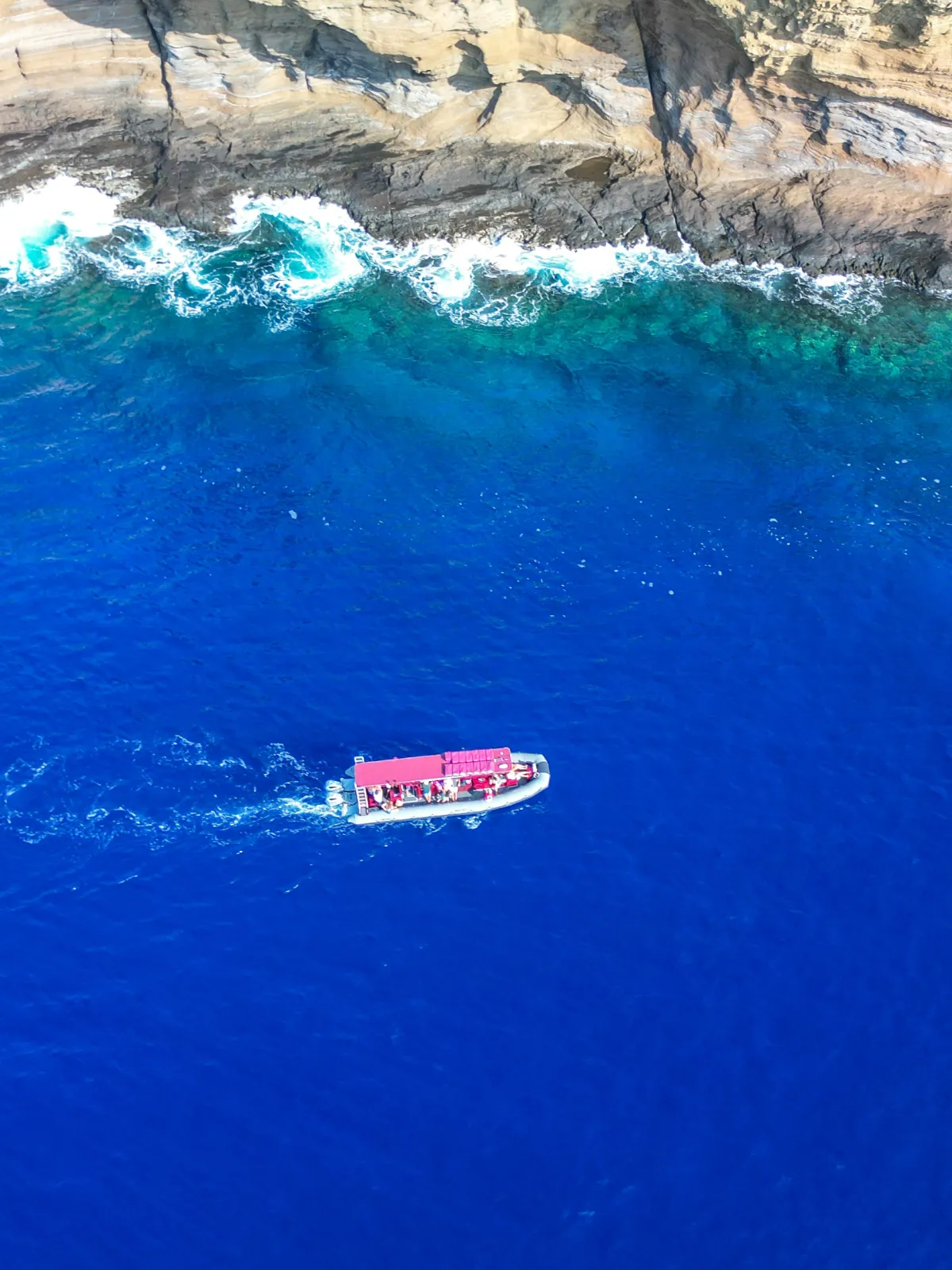 Aerial view of a small boat with a red canopy in deep blue ocean near rocky shoreline.
