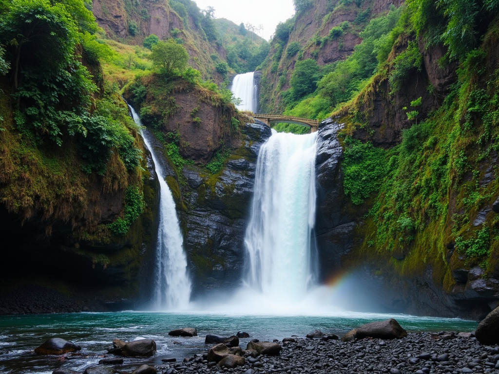 a large waterfall over some water