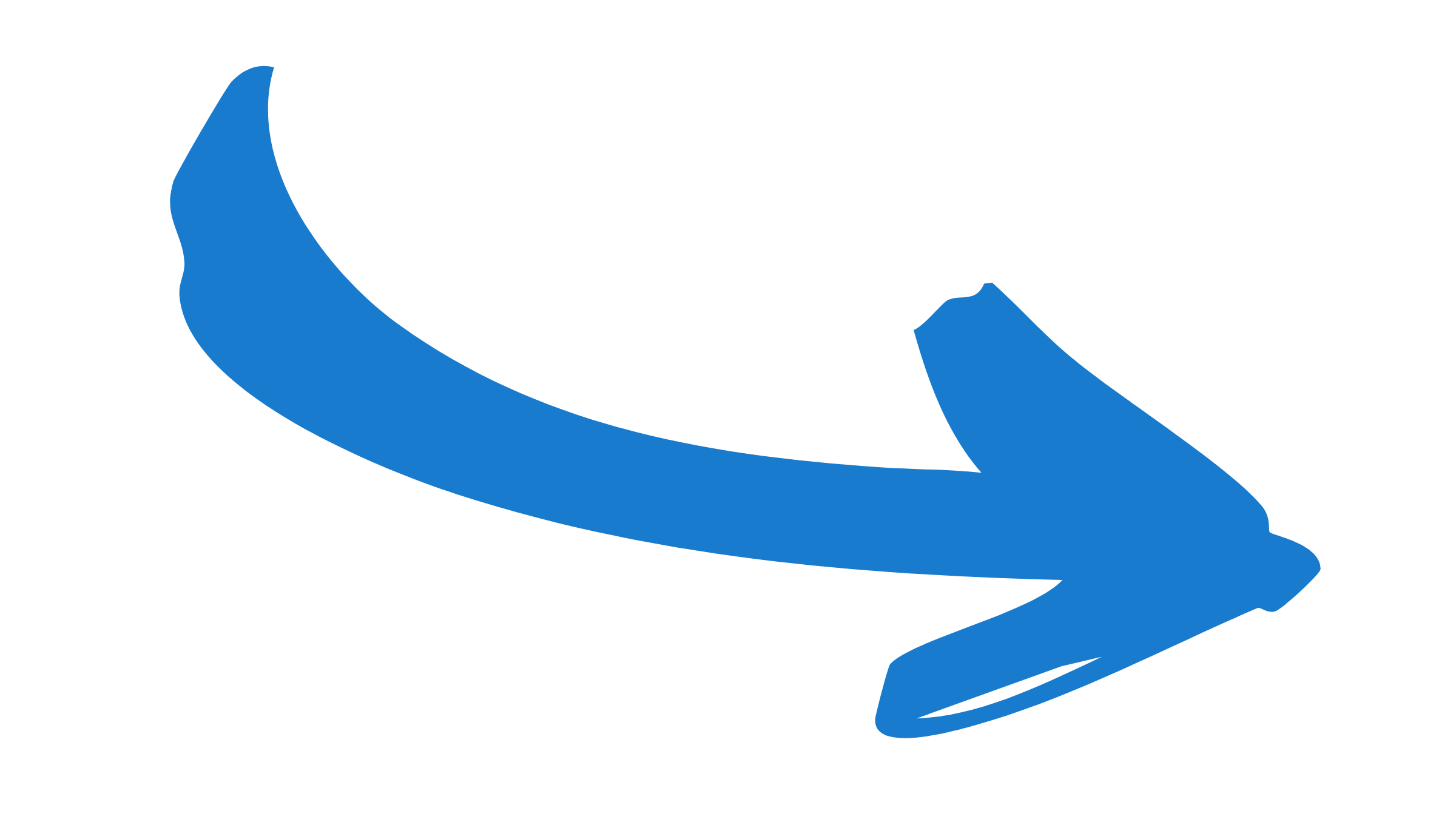 Curved blue arrow pointing right on white background.