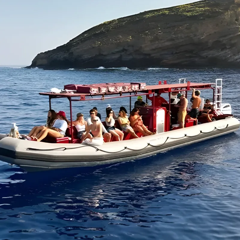 Group of people on a large inflatable motorboat near a rocky coastline.