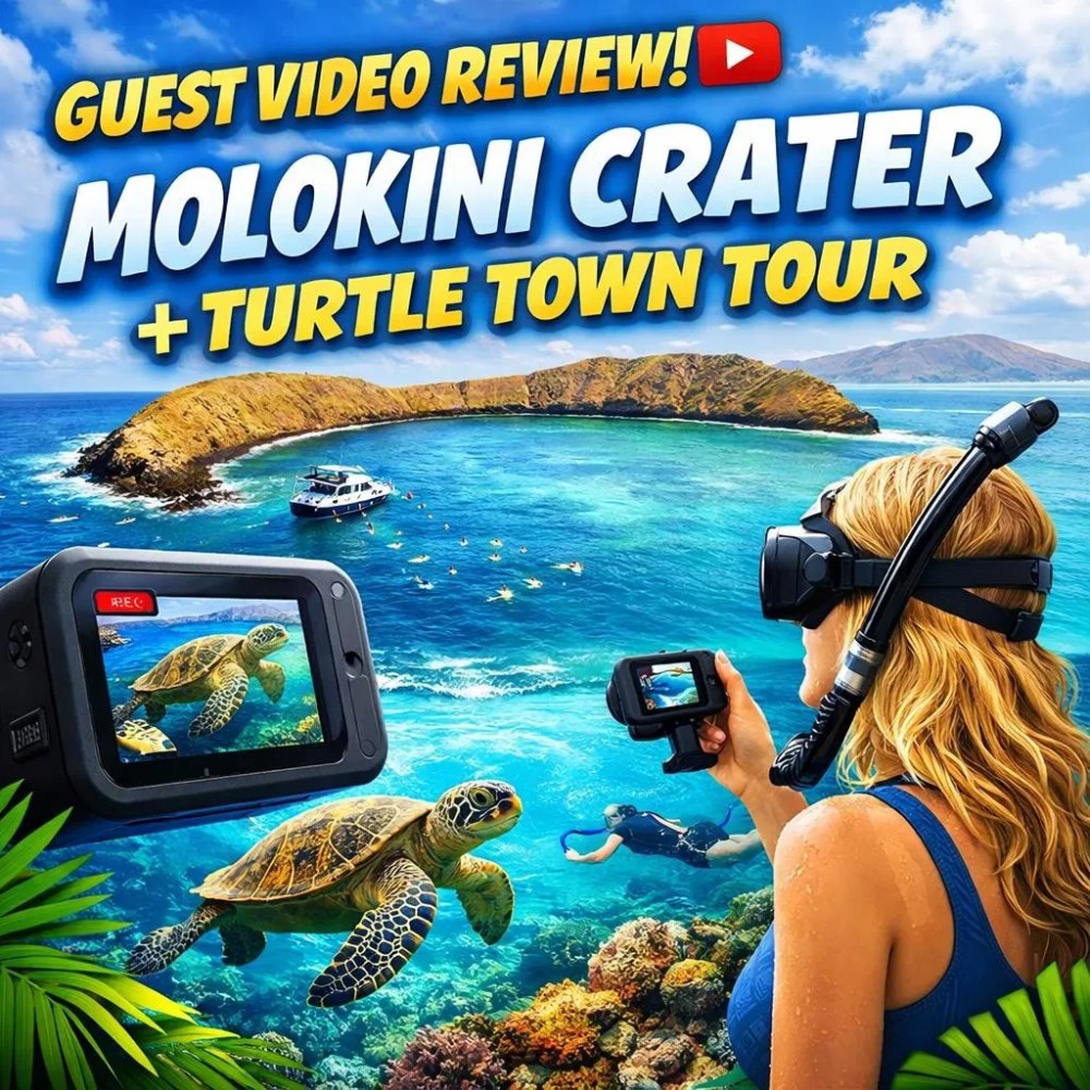 Woman snorkeling, holding camera near turtles, Molokini Crater and boats in background, text overlay on top.