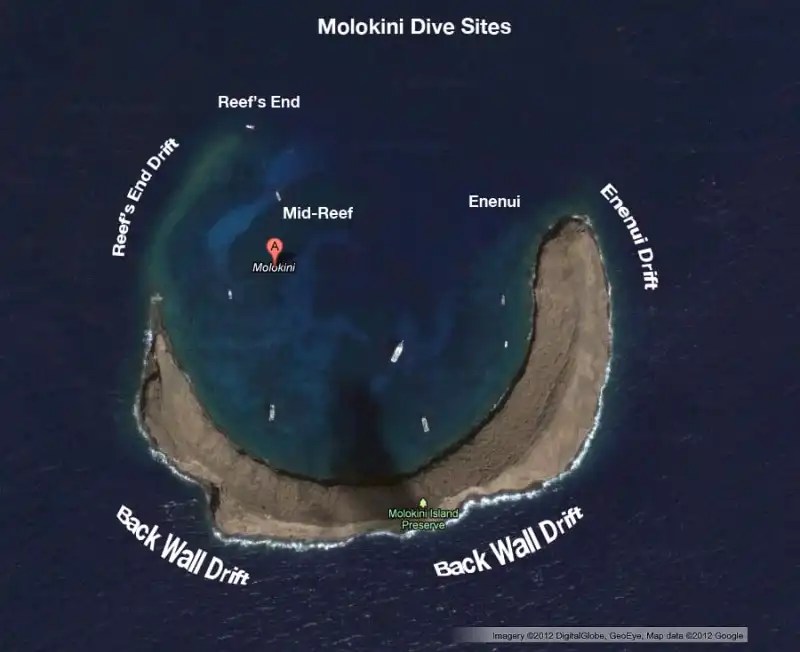 Aerial map of Molokini dive sites with labels for reef areas.