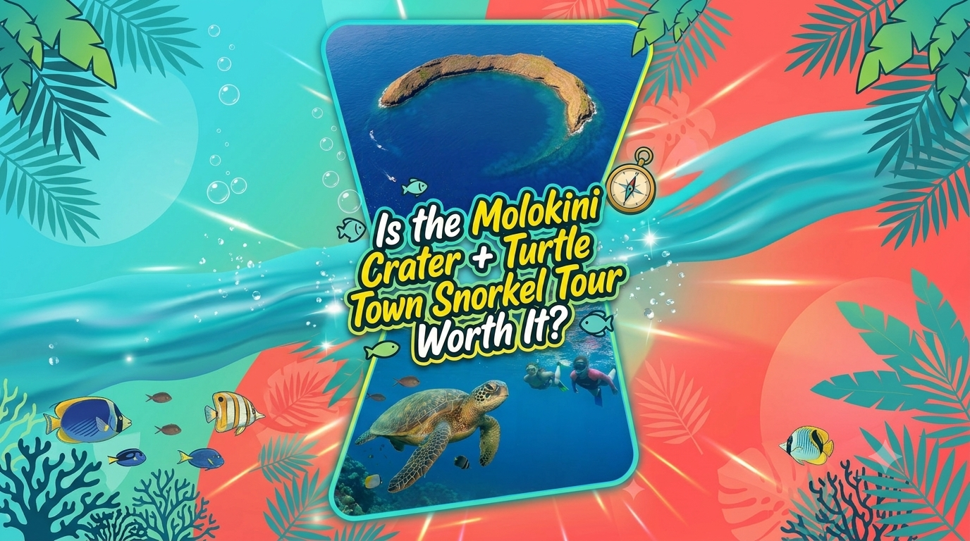 Colorful collage with snorkeling theme, featuring sea turtle and text about Molokini Crater tour.