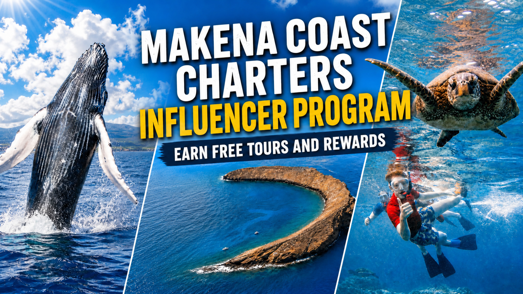 Collage of whale, Molokini crater, and snorkeling with turtle, promoting Makena Coast Charters Influencer Program.