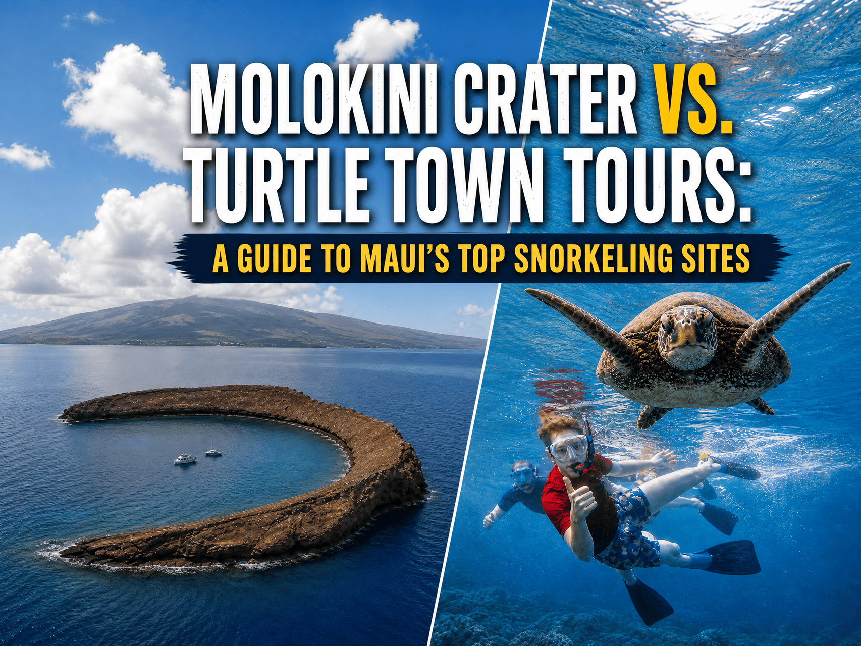 Image split: Molokini Crater aerial view, left; snorkeling with turtle, right; text about Maui tours.