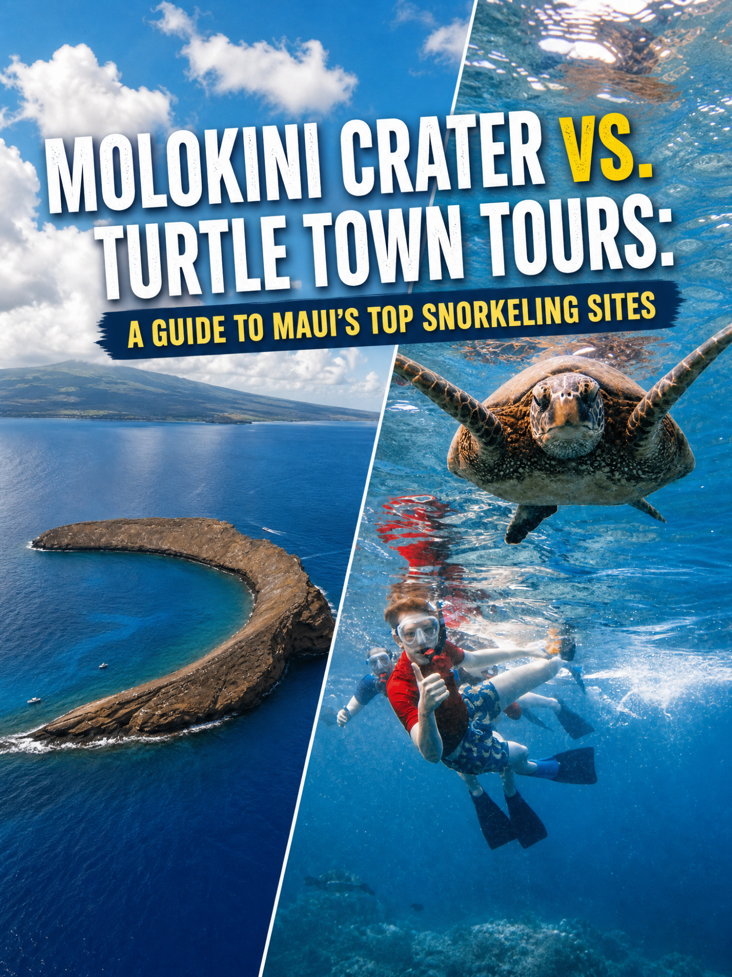 Split image of Molokini Crater aerial view and a person snorkeling with a turtle.