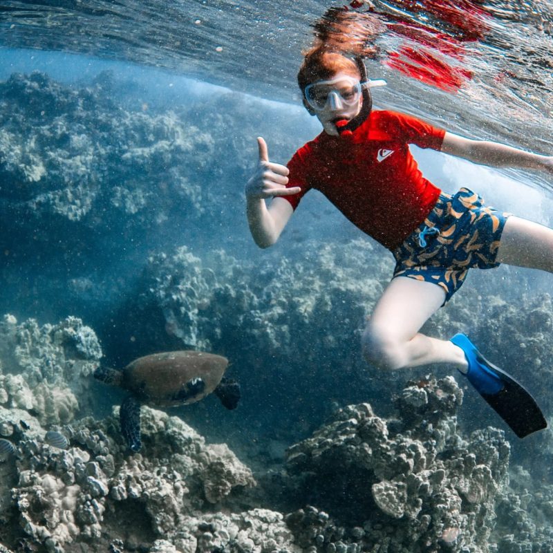 Child snorkeling alongside a green sea turtle in Maui, Hawaii